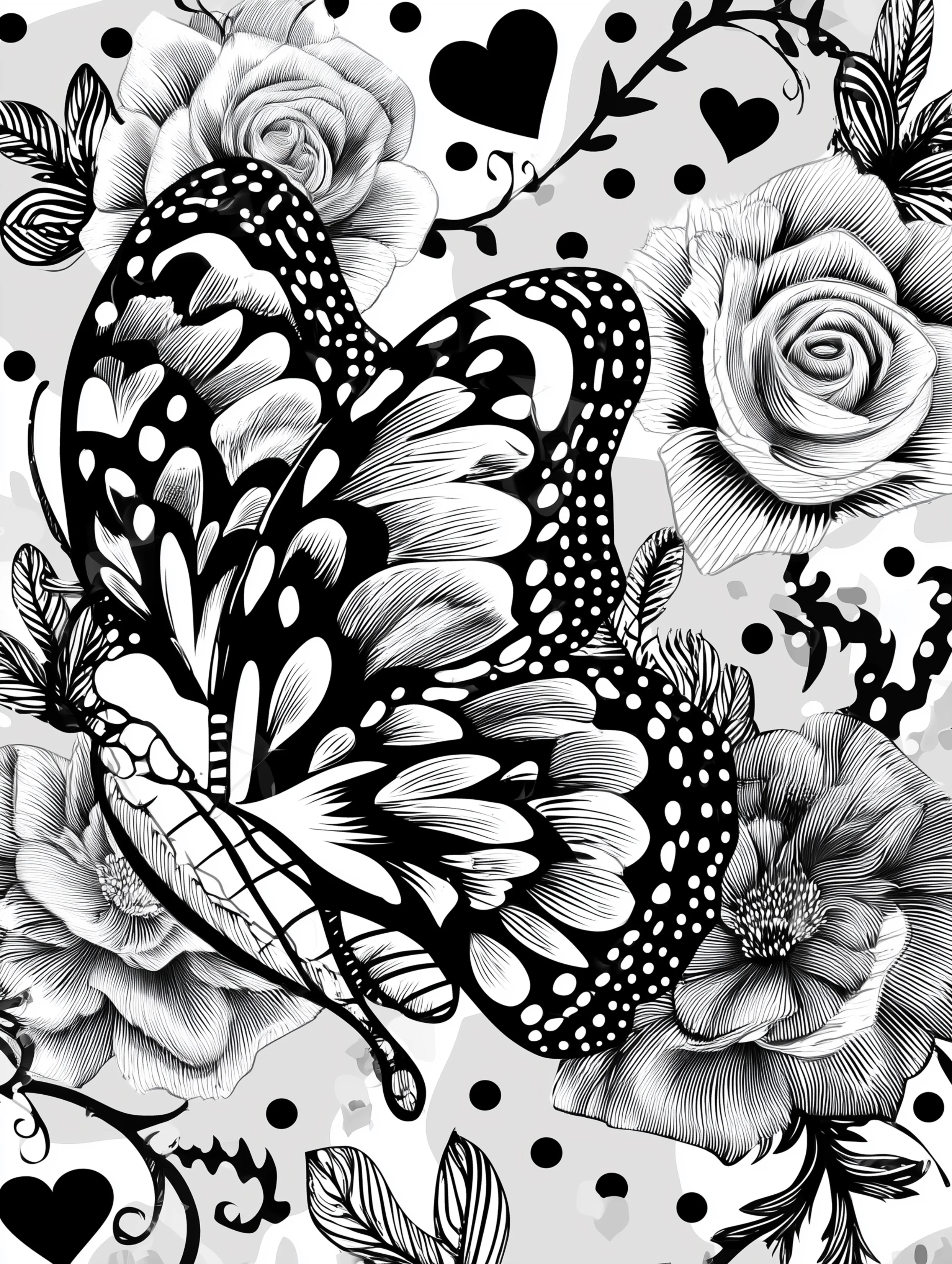 Free printable butterfly coloring page for adults featuring a sideways butterfly with roses